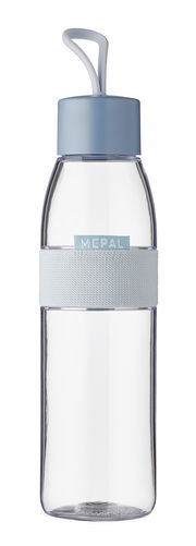 Transparente Trinkflasche Ellipse 500ml mit blauem Deckel und Trageschlaufe, Vorderansicht