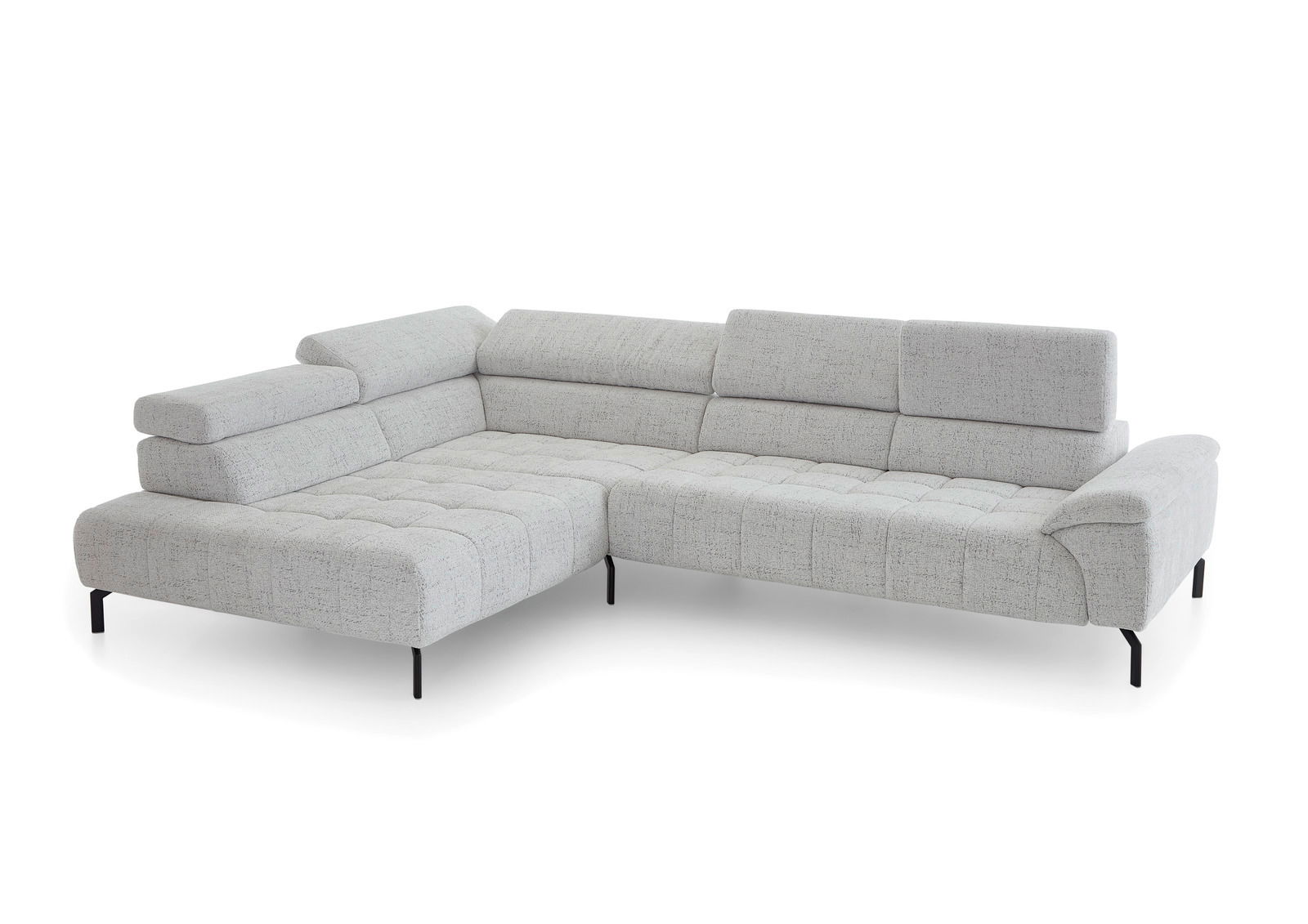 Graue Eckgarnitur mit verstellbaren Kopfstützen und modernen schwarzen Beinen, Perspektive von vorne links