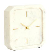 Elegante Tischuhr aus weißem Marmor mit goldenen Zeigern, seitliche Perspektive