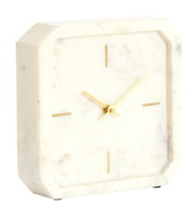 Elegante Tischuhr aus weißem Marmor mit goldenen Zeigern, seitliche Perspektive