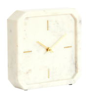 Elegante Tischuhr aus weißem Marmor mit goldenen Zeigern, seitliche Perspektive