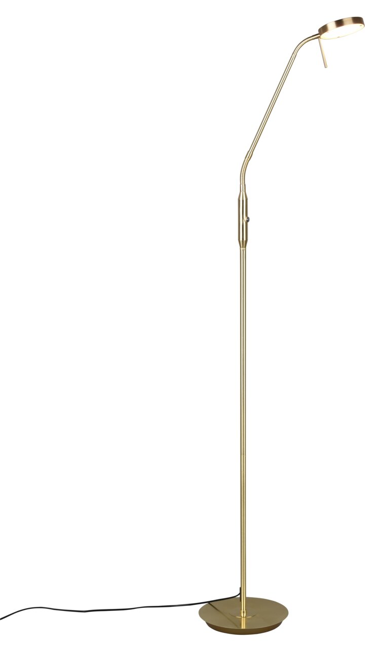 Stehleuchte in Gold mit schlankem Design und rundem Lampenschirm, seitliche Perspektive