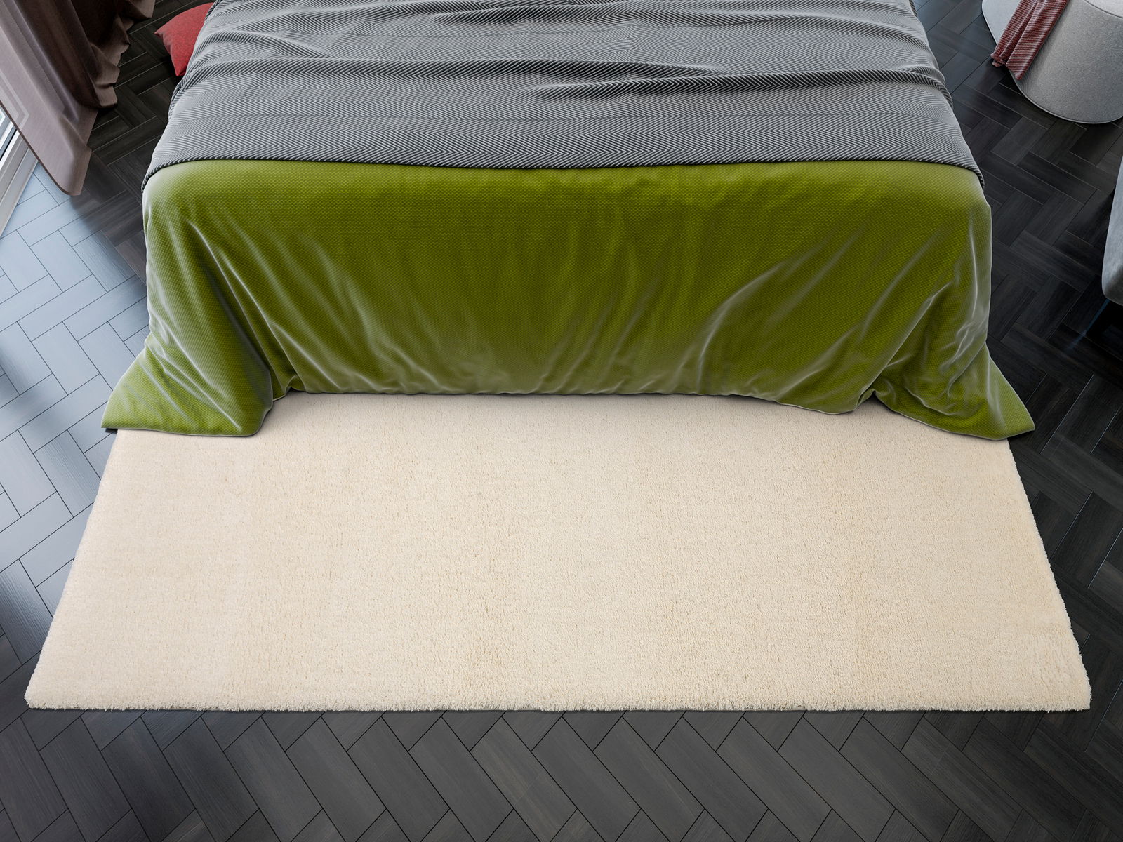Beige Teppich vor einem Bett mit grüner Bettdecke, Vogelperspektive