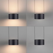 Moderne LED-Pendelleuchte in zylindrischer Form, frontal betrachtet, mit sanftem Lichtschein an der Decke.