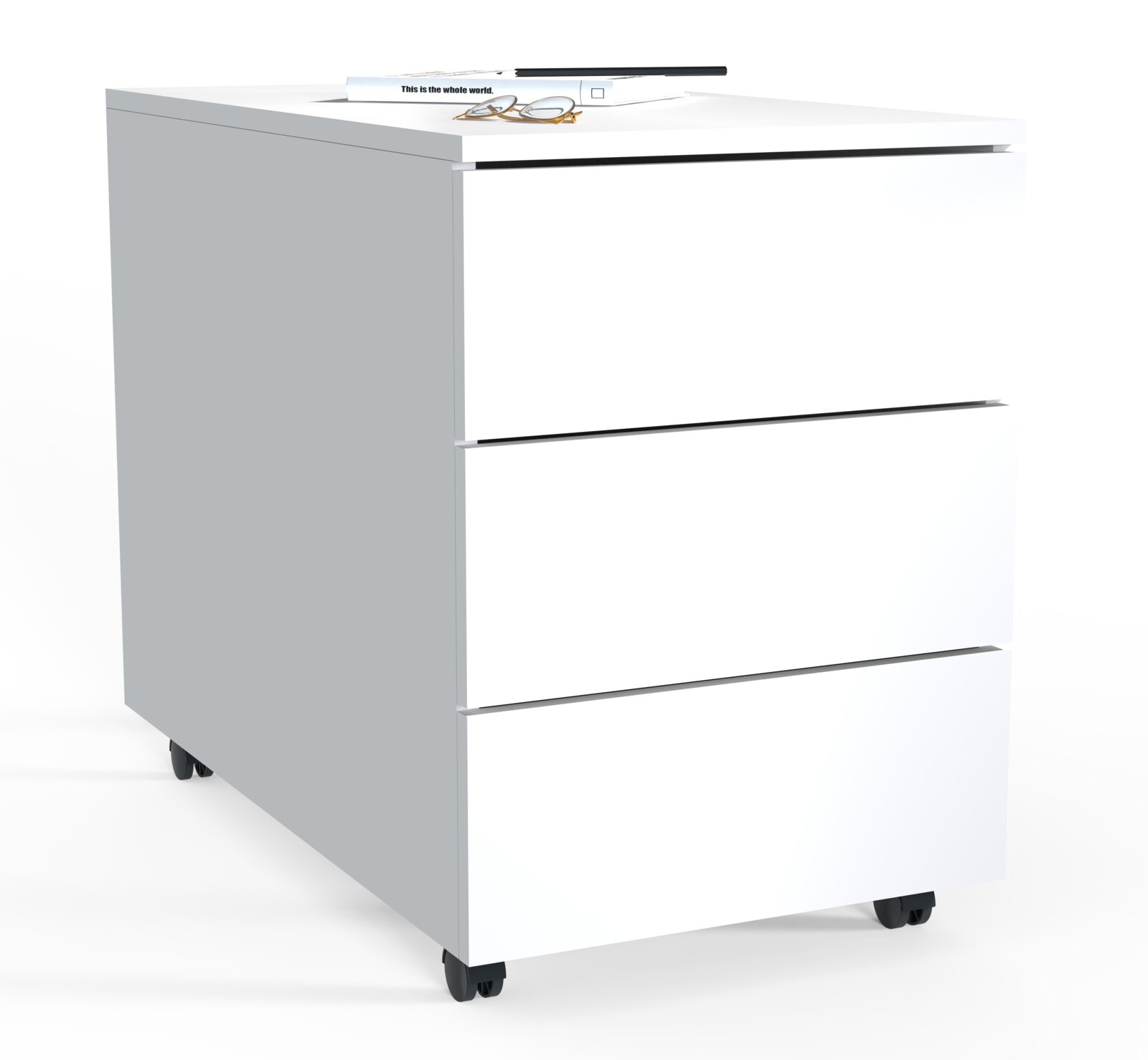 Weißer, minimalistischer Rollcontainer mit drei Schubladen und schwarzen Rollen, freigestellt auf weißem Hintergrund; Perspektive: schräg von vorne links (3/4-Ansicht) mit sichtbarer Oberseite.