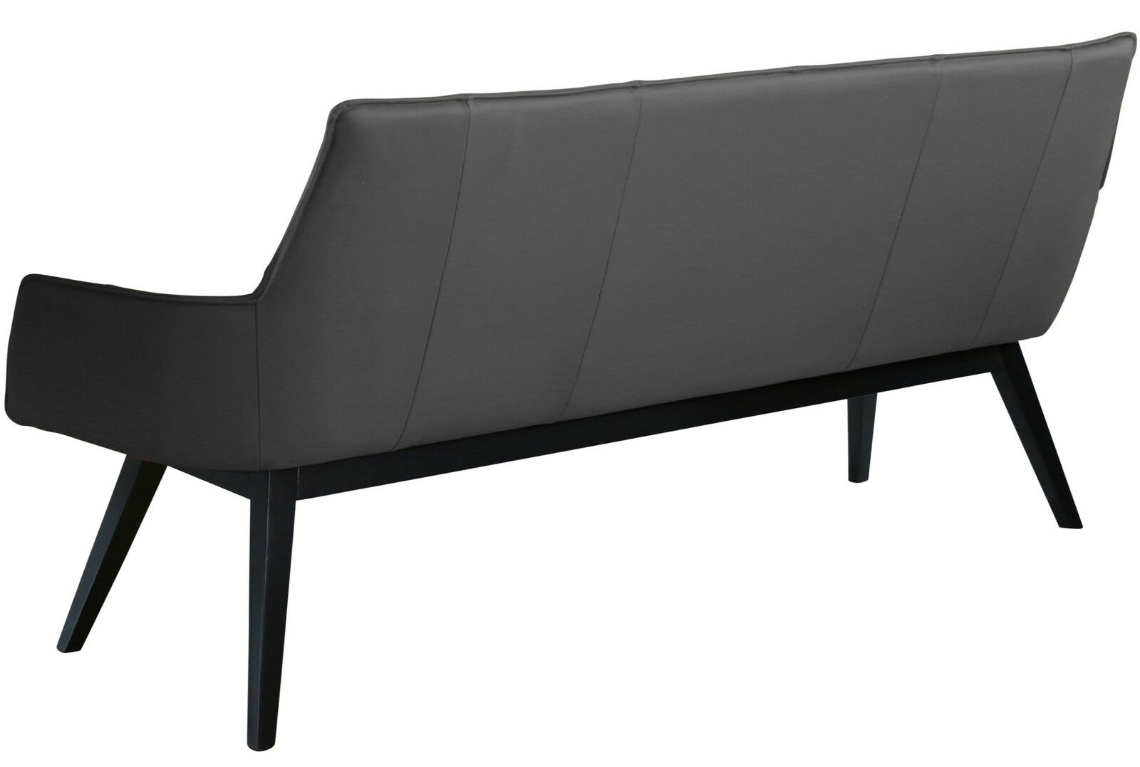 Rückansicht einer modernen, grauen Bank mit schrägen Beinen.