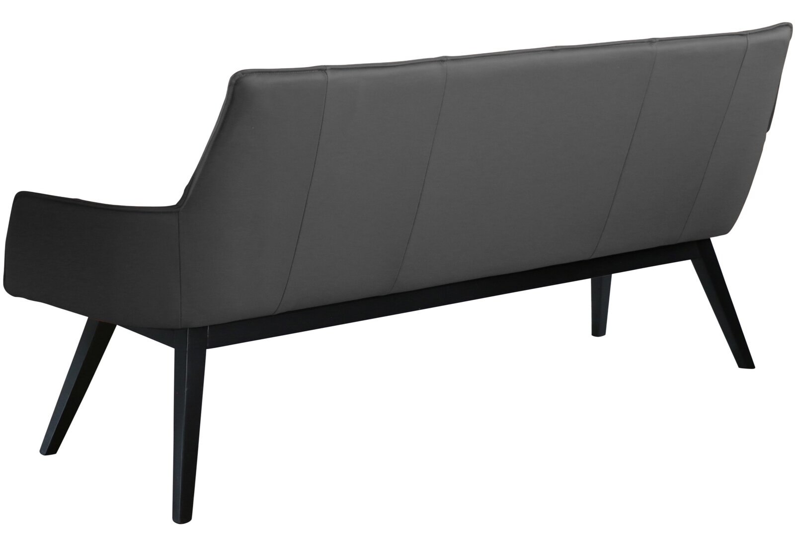 Rückansicht einer modernen, grauen Bank mit schrägen Beinen.