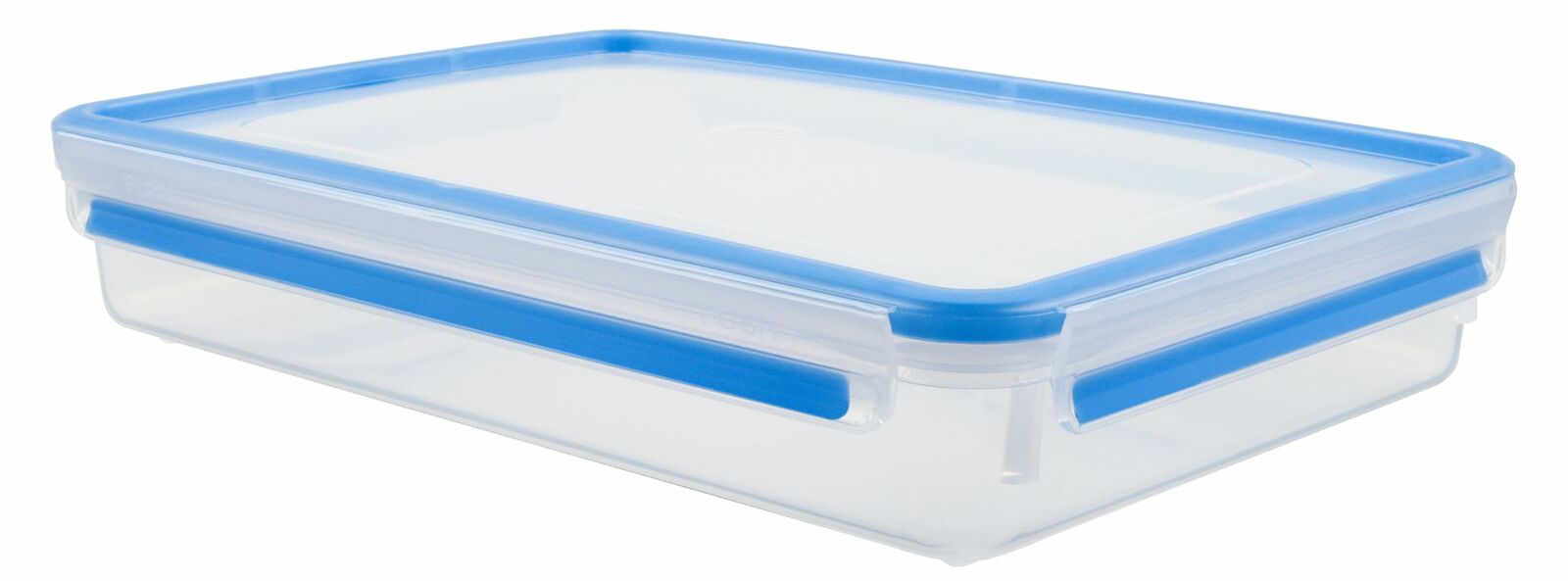 Rechteckige Frischhaltedose mit blauem Deckel, seitliche Perspektive