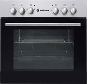 Frontansicht eines modernen Einbaubackofens mit Edelstahlblende und Drehknöpfen.