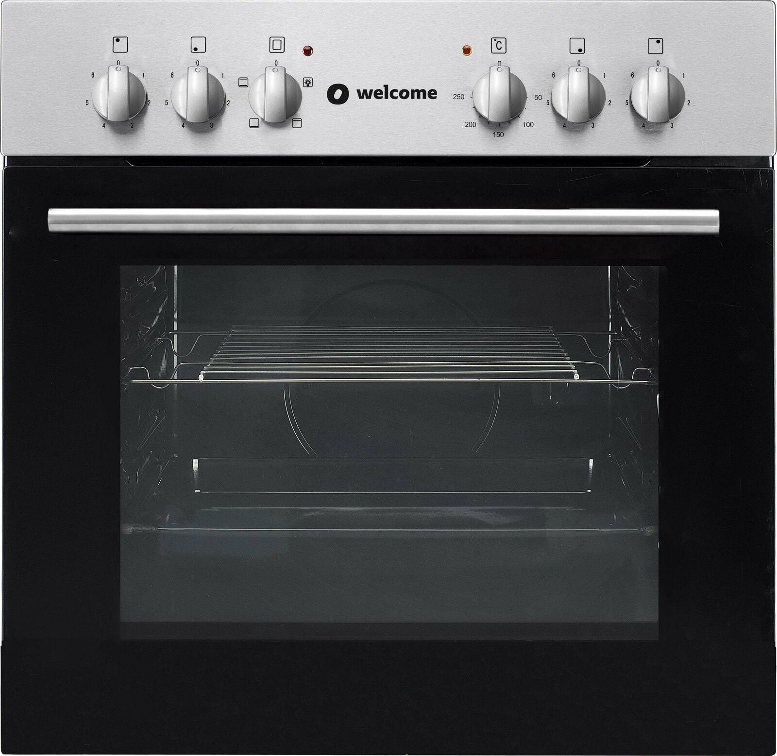 Frontansicht eines modernen Einbaubackofens mit Edelstahlblende und Drehknöpfen.