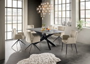 Eetkamer met moderne stoelen met armleuningen en een tafel in een lichte ruimte met grote ramen, zijaanzicht