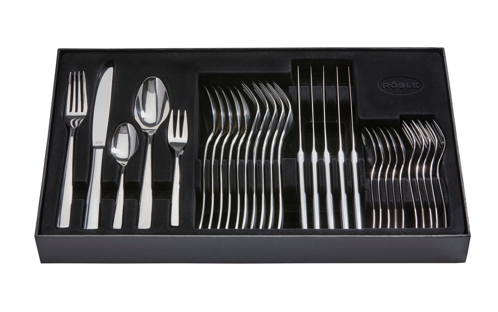 Rösle Besteck-Set 30-tlg. ELEGANCE Elegantes 30-teiliges Besteckset in schwarzer Box, von oben fotografiert.