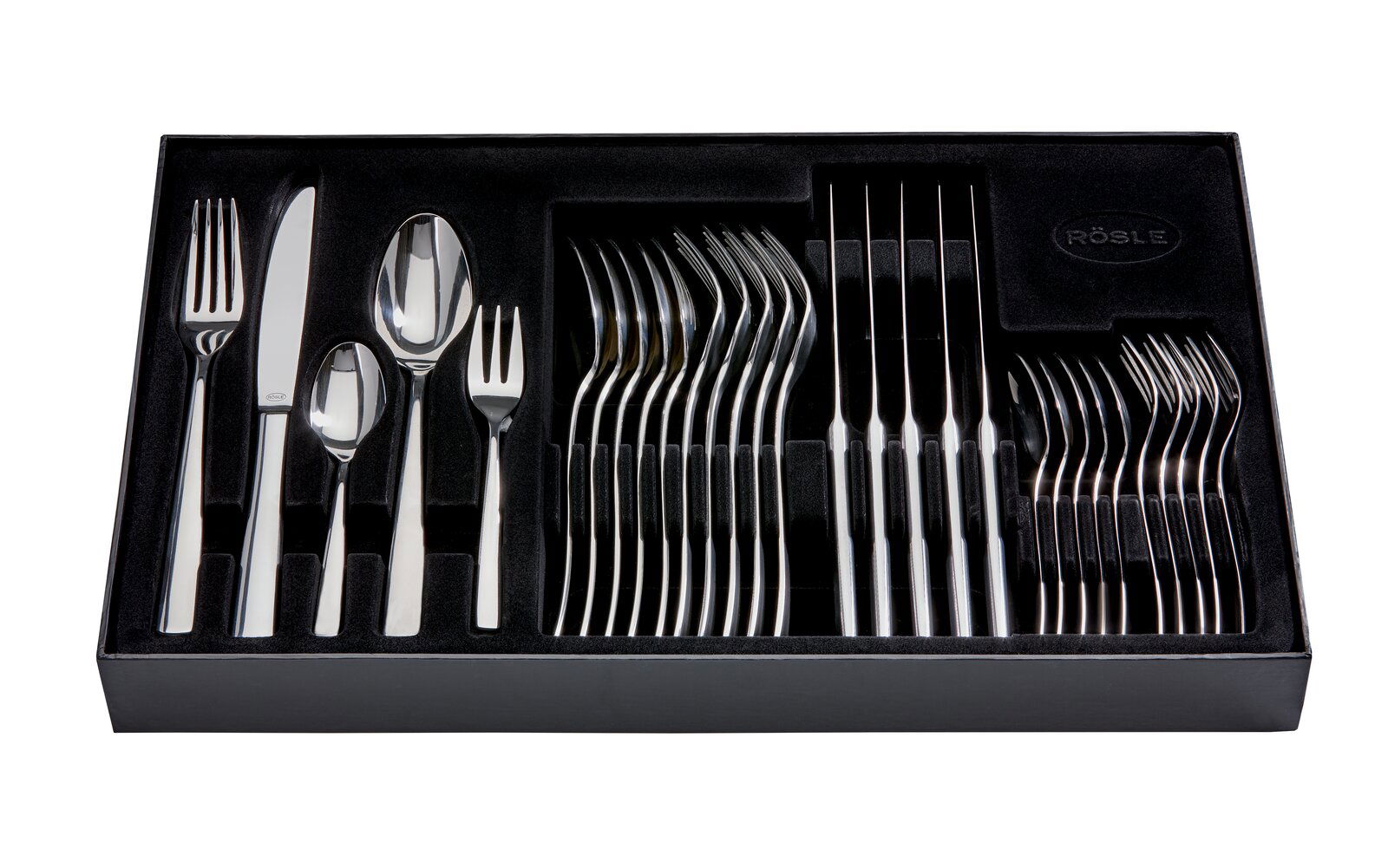 Rösle Besteck-Set 30-tlg. ELEGANCE Elegantes 30-teiliges Besteckset in schwarzer Box, von oben fotografiert.