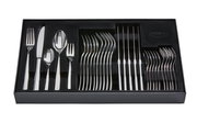 Elegantes 30-teiliges Besteckset in schwarzer Box, von oben fotografiert.