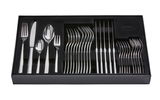 Elegantes 30-teiliges Besteckset in schwarzer Box, von oben fotografiert.