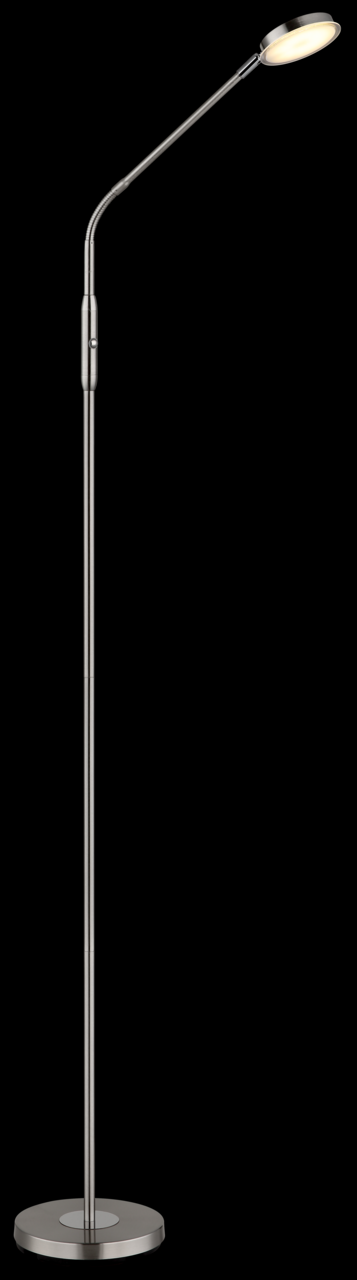 Elegante LED-Stehleuchte in seitlicher Perspektive mit flexiblem Arm und rundem Sockel.