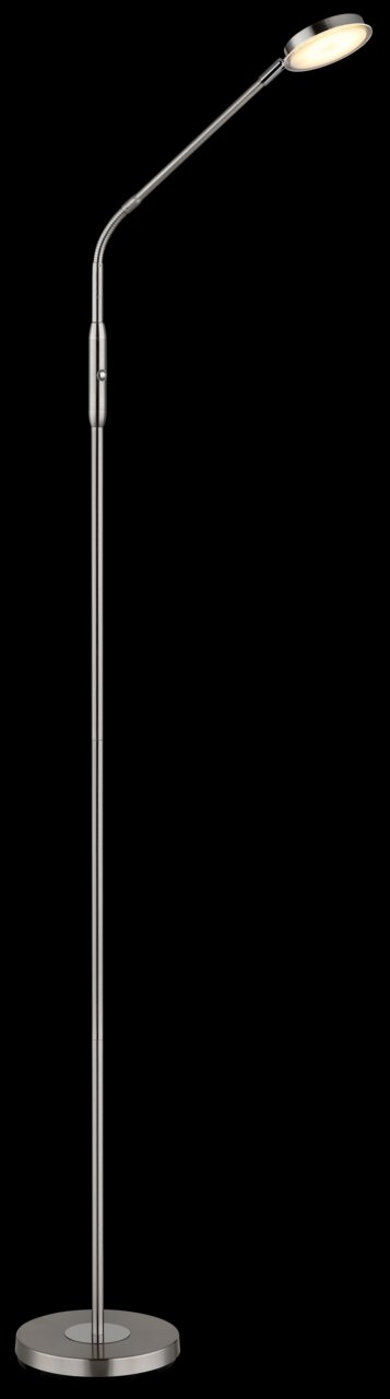 Elegante LED-Stehleuchte in seitlicher Perspektive mit flexiblem Arm und rundem Sockel.
