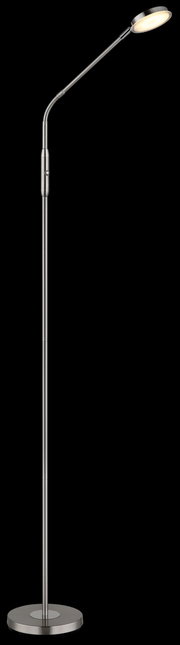 Elegante LED-Stehleuchte in seitlicher Perspektive mit flexiblem Arm und rundem Sockel.