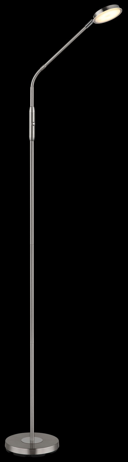 Elegante LED-Stehleuchte in seitlicher Perspektive mit flexiblem Arm und rundem Sockel.