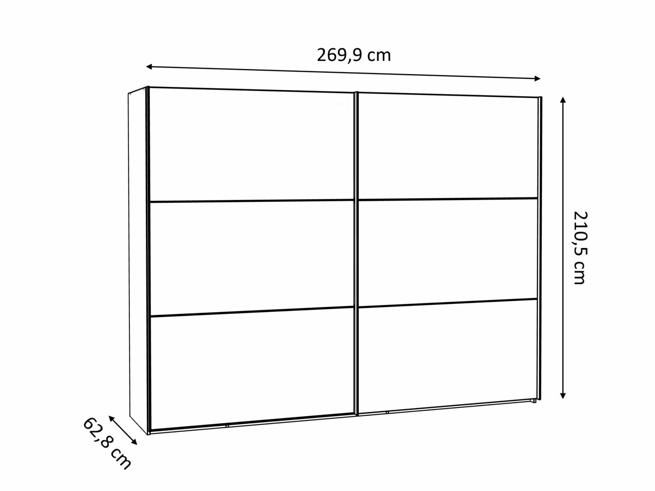 Schwebetürenschrank mit den Maßen 269,9 cm Breite, 210,5 cm Höhe und 62,8 cm Tiefe, seitliche Perspektive