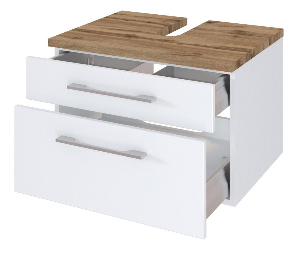 Waschtischunterschrank mit zwei Schubladen, weiß mit Holzoberfläche, Perspektive von vorne rechts