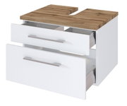 Wastafelonderkast met twee lades, wit met houten afwerking, aanzicht van rechts vooraan