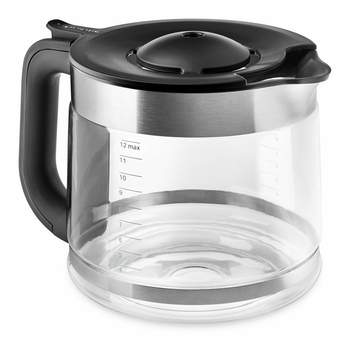 Glaskanne mit schwarzem Griff und Deckel, seitliche Ansicht, passend für Kaffeemaschine Empire rot