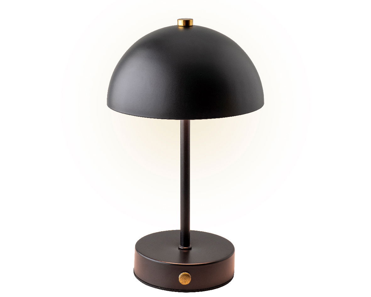 Schwarze LED Tischleuchte mit rundem Schirm und goldenen Akzenten, seitliche Perspektive