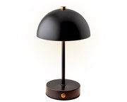 Schwarze LED Tischleuchte mit rundem Schirm und goldenen Akzenten, seitliche Perspektive