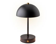 Schwarze LED Tischleuchte mit rundem Schirm und goldenen Akzenten, seitliche Perspektive