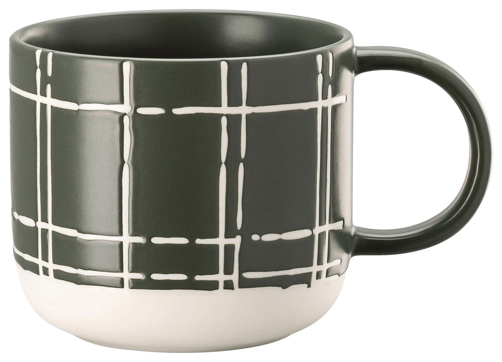 Dunkelgrüner Becher mit weißem Karomuster und Henkel, seitliche Perspektive