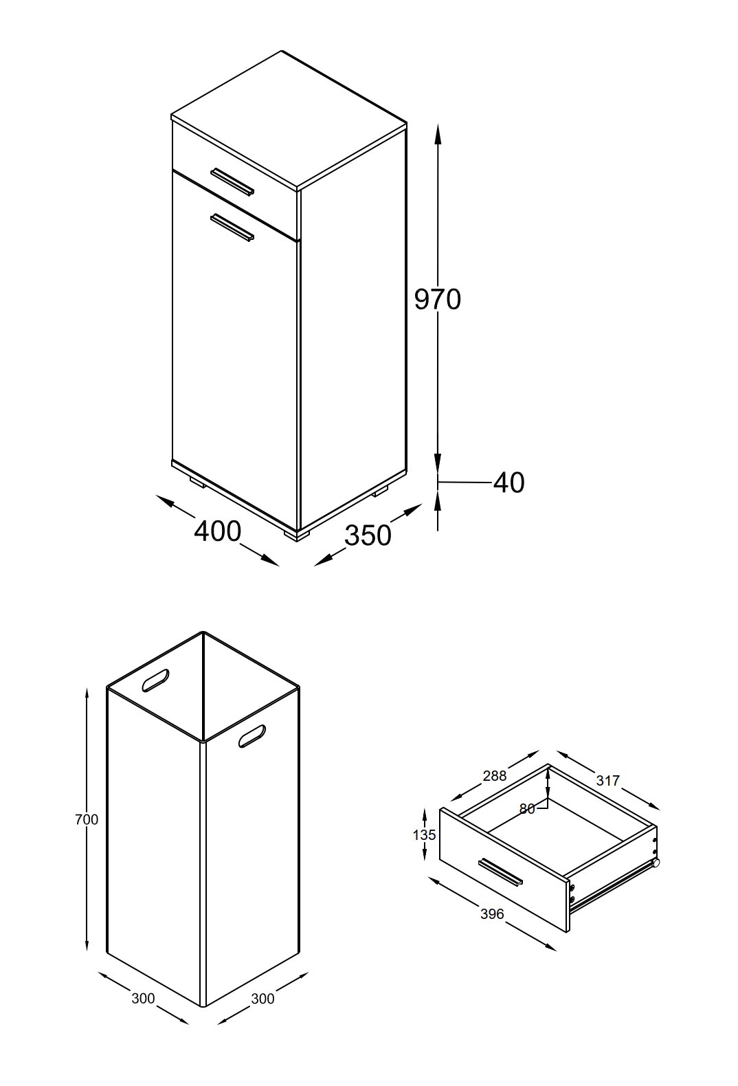 Technische Strichzeichnung eines schmalen Bad-Unterschranks mit einer Schublade und einer Tür, Maße ca. 970 x 400 x 350 mm, dargestellt in schräger Frontansicht (3/4-Perspektive) mit Detailansichten von Innenkorb und Schublade.