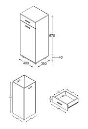 Technische Strichzeichnung eines schmalen Bad-Unterschranks mit einer Schublade und einer Tür, Maße ca. 970 x 400 x 350 mm, dargestellt in schräger Frontansicht (3/4-Perspektive) mit Detailansichten von Innenkorb und Schublade.