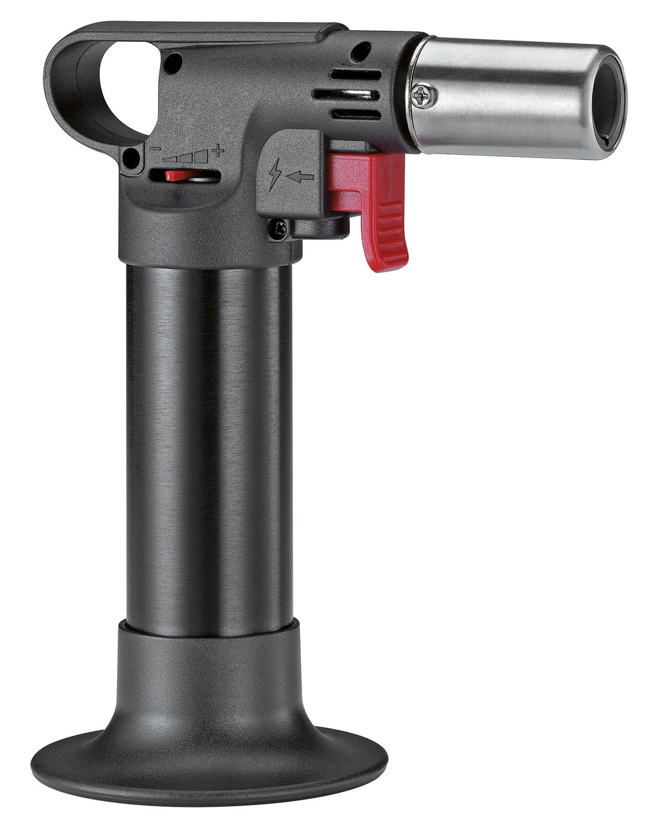 Gourmetbrenner für Crème Brûlée, seitliche Ansicht, mit rotem Zündhebel und schwarzem Griff.