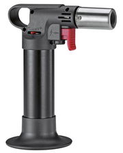 Gourmetbrenner für Crème Brûlée, seitliche Ansicht, mit rotem Zündhebel und schwarzem Griff.