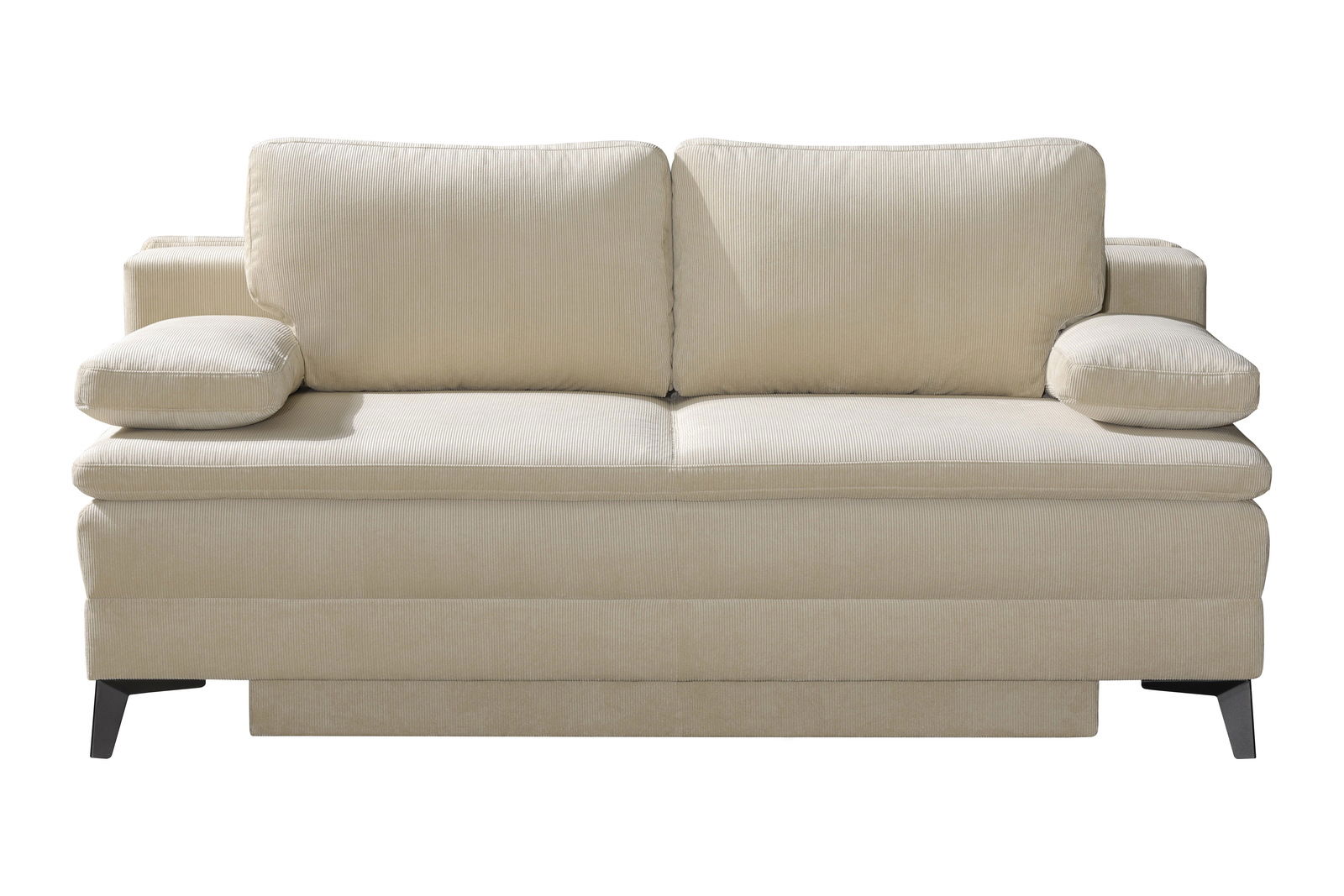 Beige Querschläfer-Sofa mit zwei Rückenkissen und Armlehnen, Vorderansicht