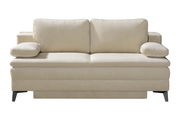 Beige Querschläfer-Sofa mit zwei Rückenkissen und Armlehnen, Vorderansicht