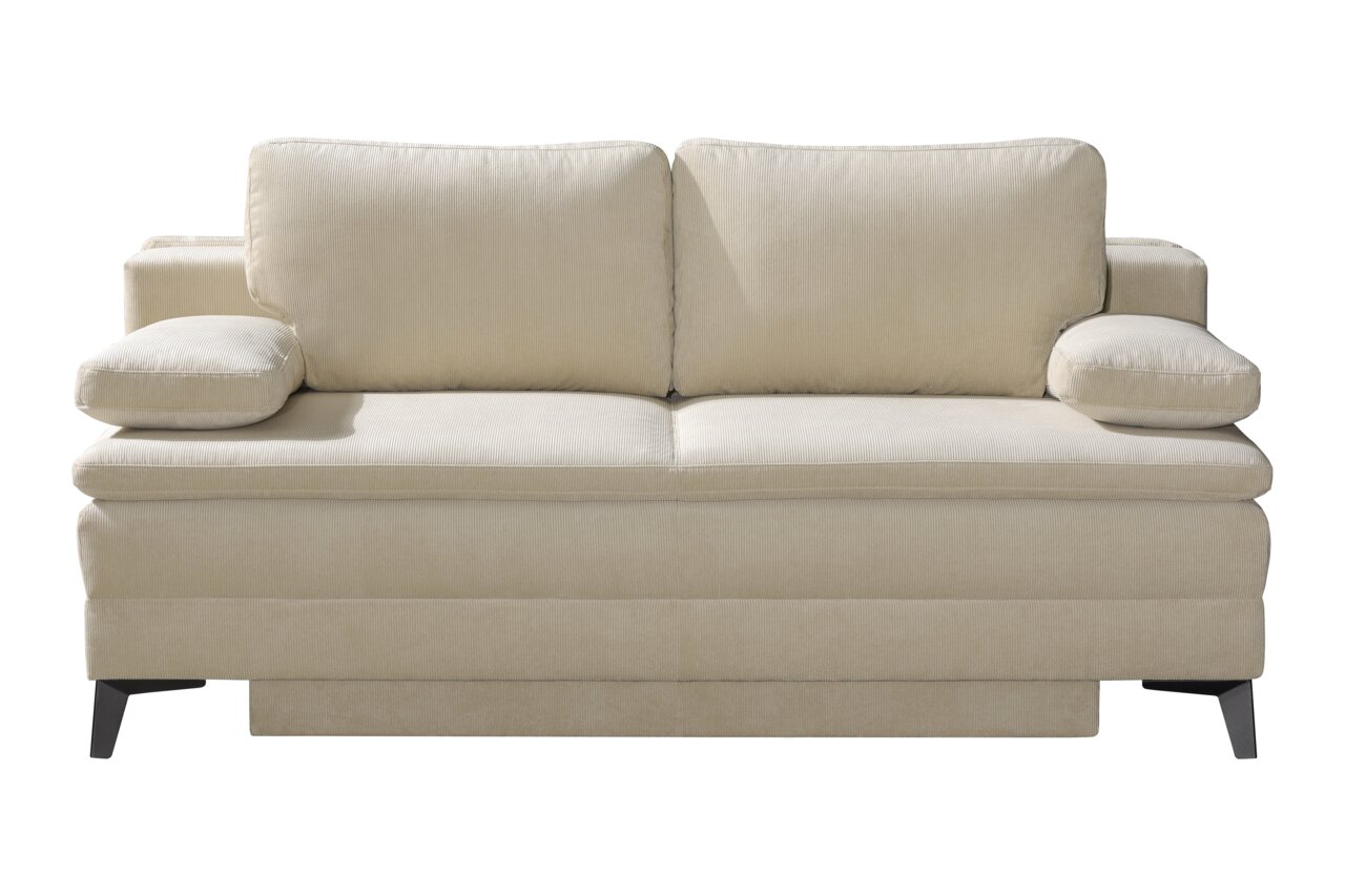 Beige hoekbank met twee rugkussens en armleuningen, vooraanzicht