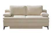 Beige hoekbank met twee rugkussens en armleuningen, vooraanzicht