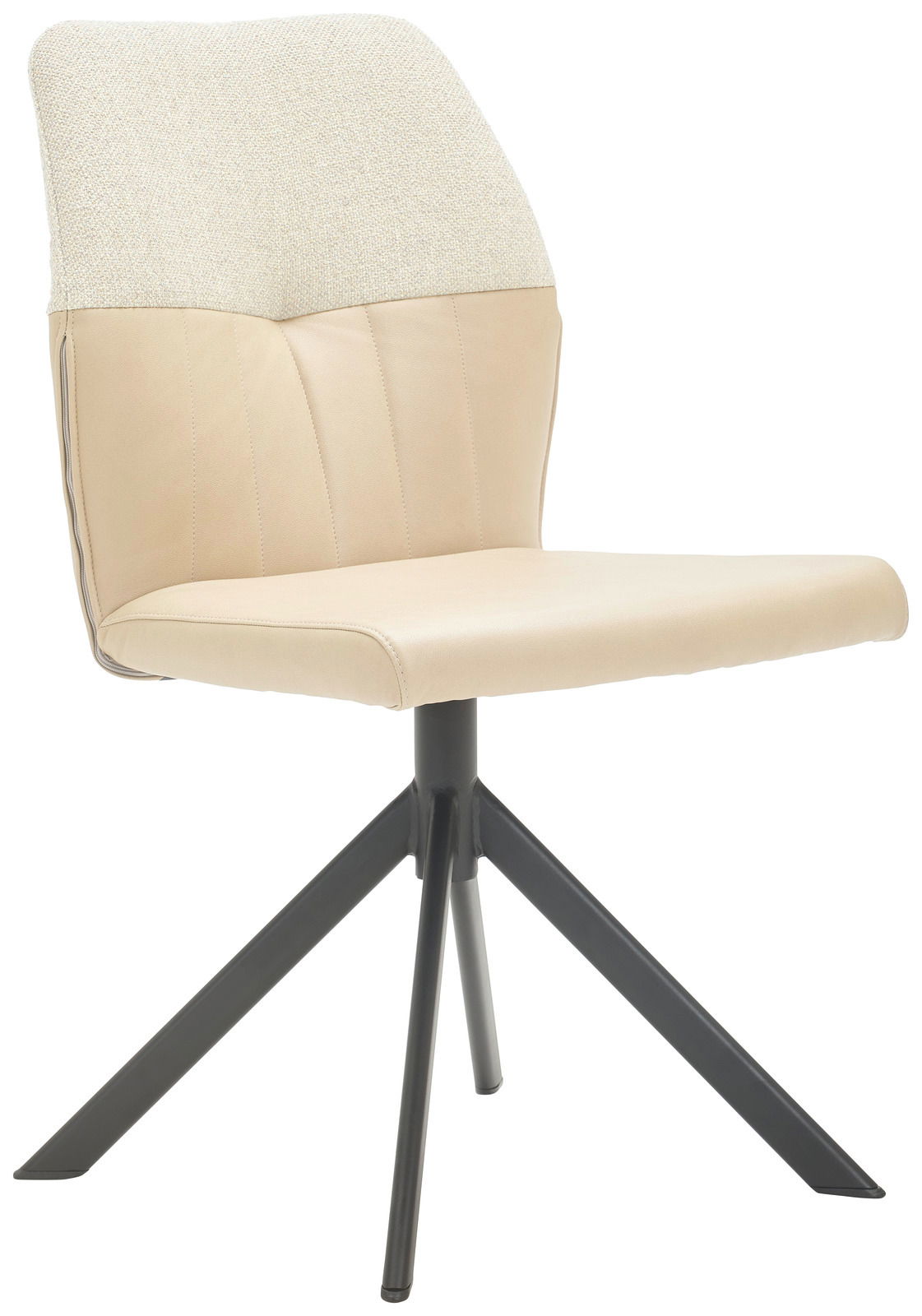 Moderner Stuhl mit beigem Sitz und Rückenlehne, schwarzes Metallgestell, seitliche Perspektive