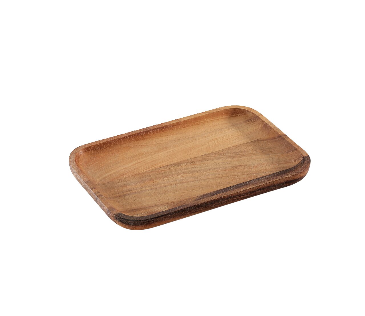 Rechteckige Snackplatte aus Akazienholz, leicht von oben fotografiert, mit abgerundeten Ecken und glatter Oberfläche.