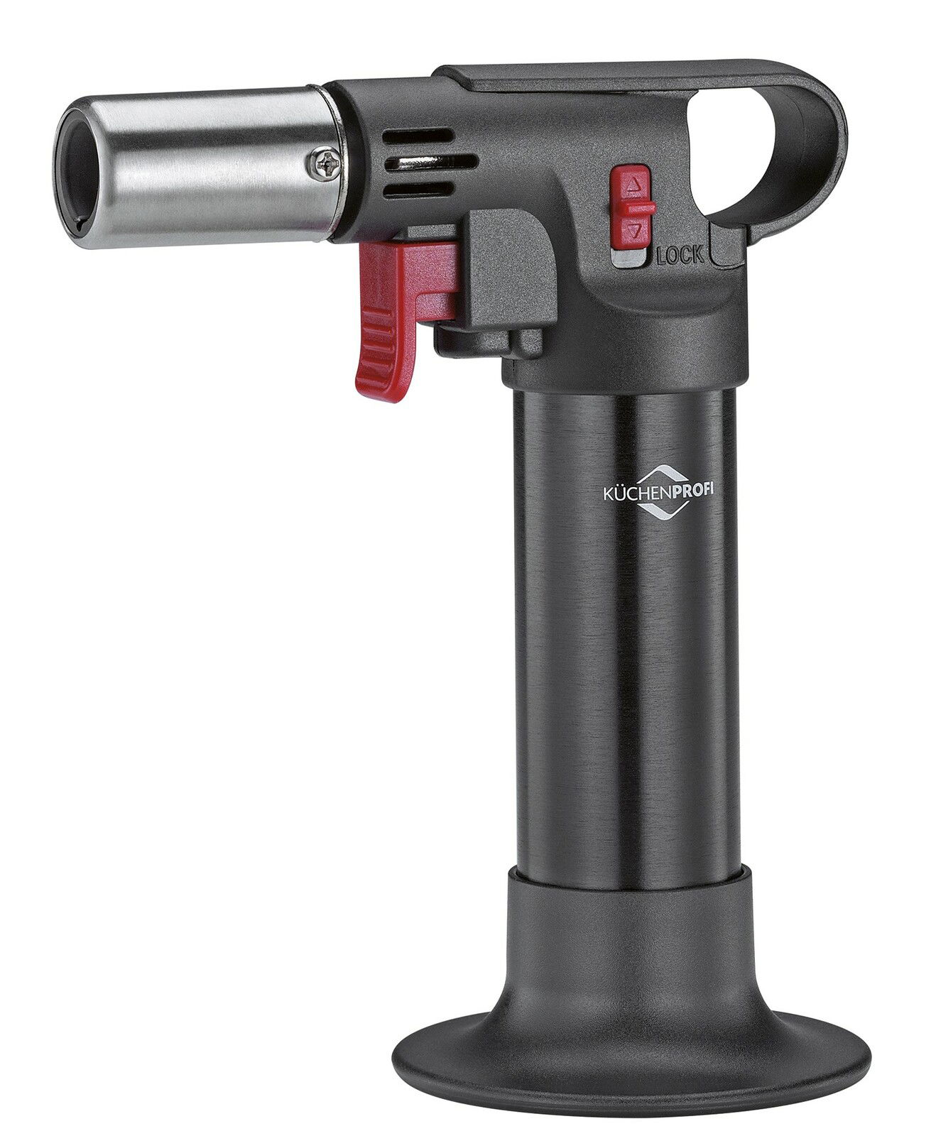 Küchenbrenner in seitlicher Perspektive mit schwarzem Griff und silberner Düse, geeignet für Crème Brûlée.