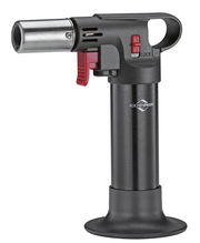 Küchenbrenner in seitlicher Perspektive mit schwarzem Griff und silberner Düse, geeignet für Crème Brûlée.