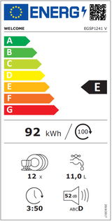 Energieeffizienzklasse E Geschirrspüler, 92 kWh Energieverbrauch pro 100 Zyklen, 12 Maßgedecke, 11,0 Liter Wasserverbrauch, 52 dB Geräuschpegel, Frontalansicht.