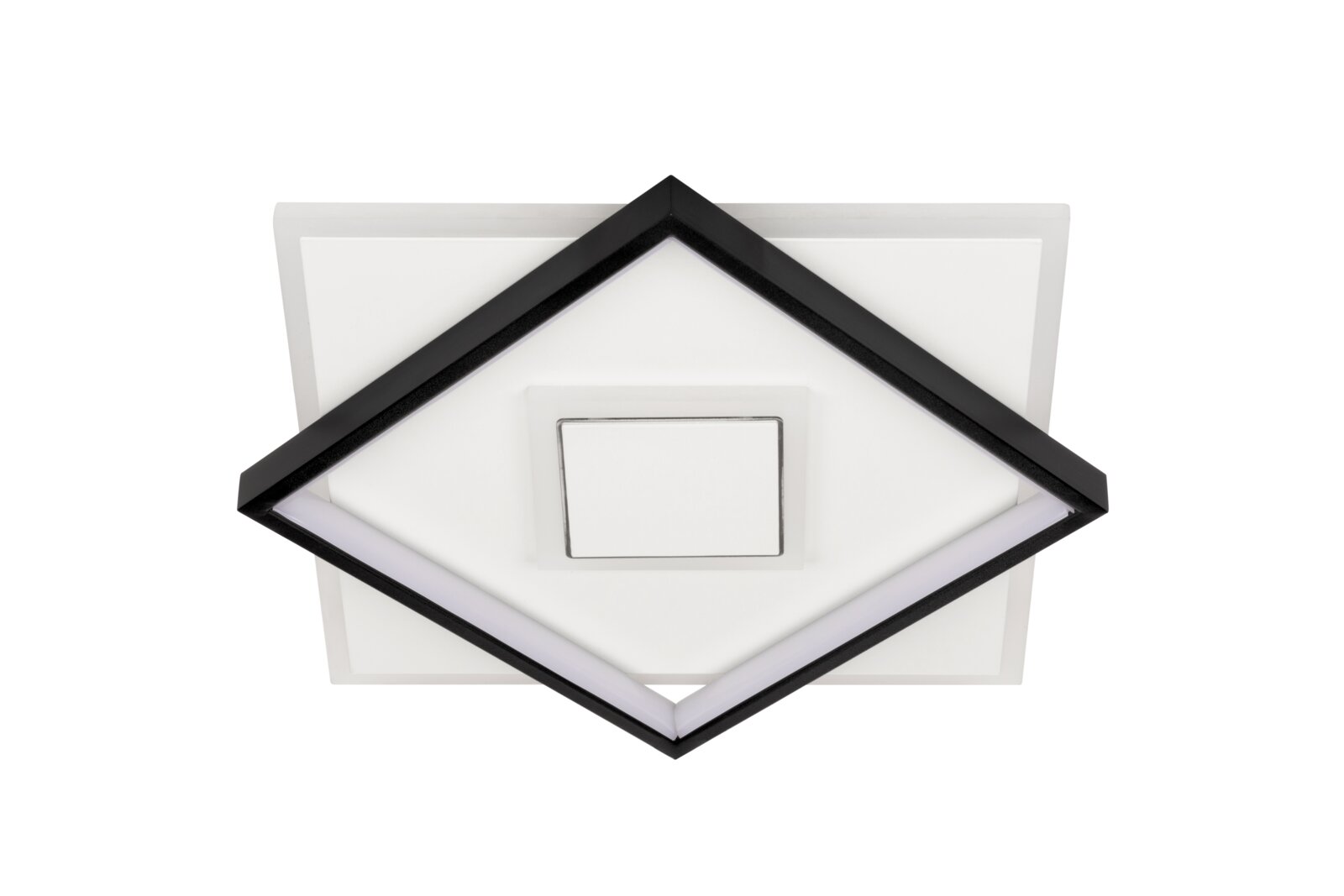 Moderne LED-Deckenleuchte in quadratischer Form mit schwarzem Rahmen, Ansicht von unten.