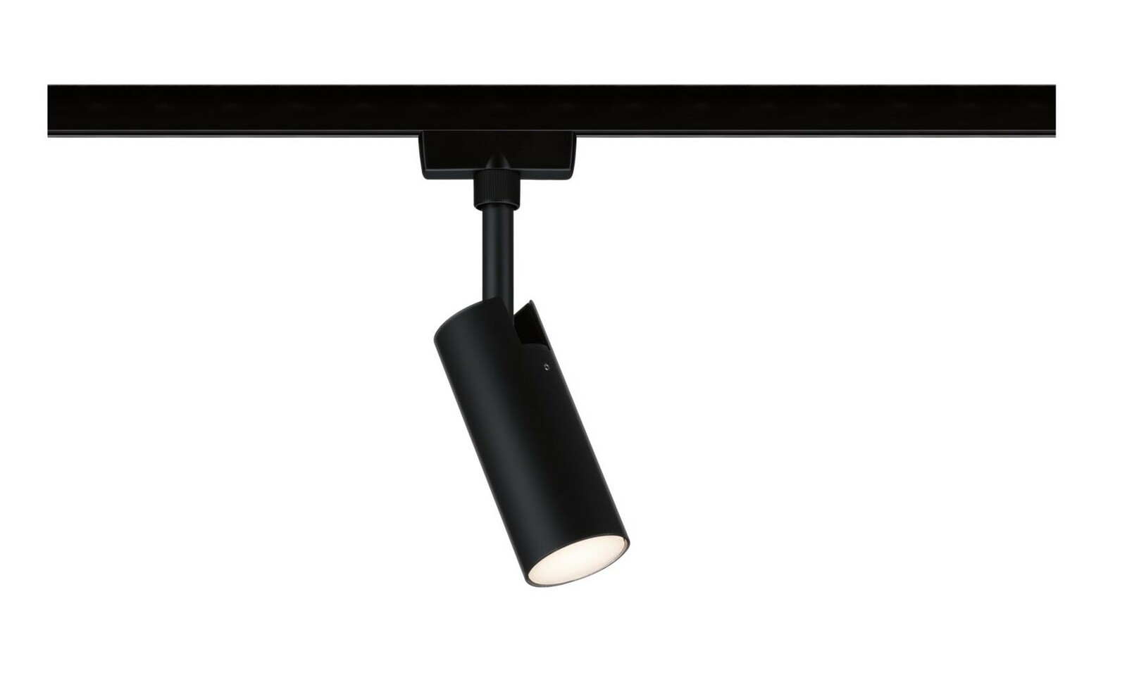 Schwarzer Schienenspot Tubo, seitliche Perspektive, montiert an einer Schiene