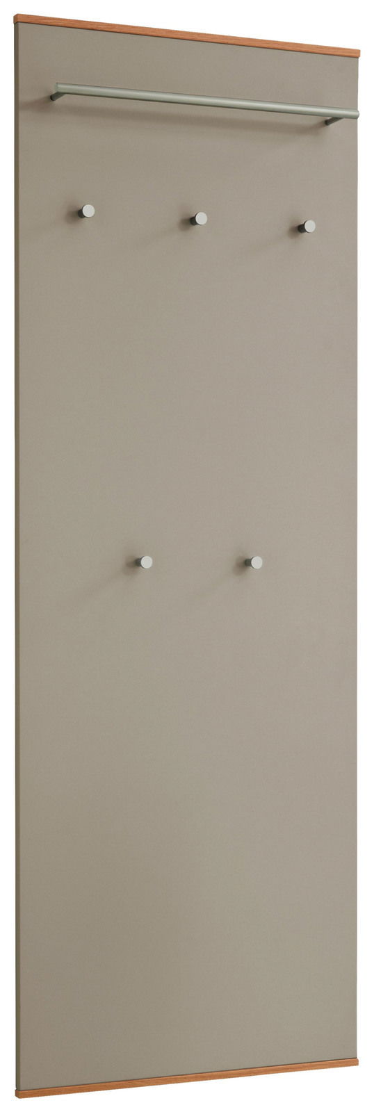 Garderobenpaneel aus der Serie LOVENO von VOSS in Frontalansicht, mit mehreren Haken und einer Kleiderstange.