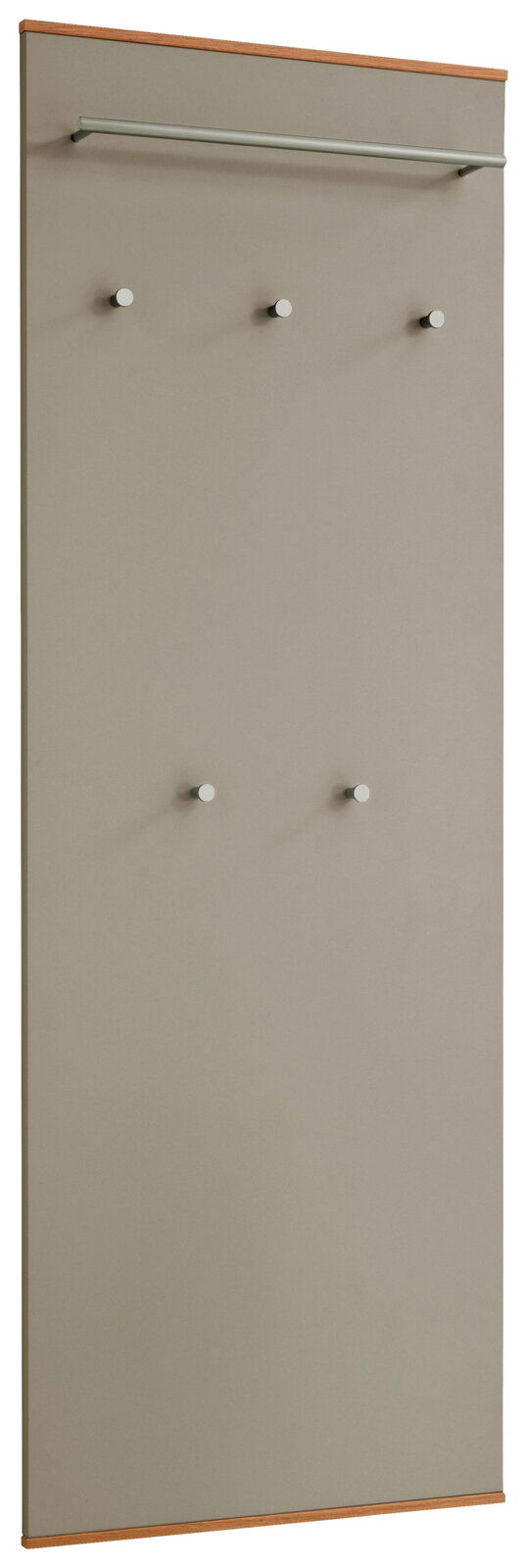 Garderobenpaneel aus der Serie LOVENO von VOSS in Frontalansicht, mit mehreren Haken und einer Kleiderstange.