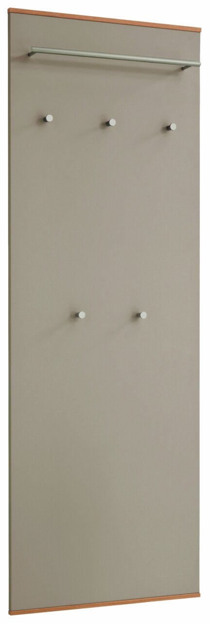 Garderobenpaneel aus der Serie LOVENO von VOSS in Frontalansicht, mit mehreren Haken und einer Kleiderstange.