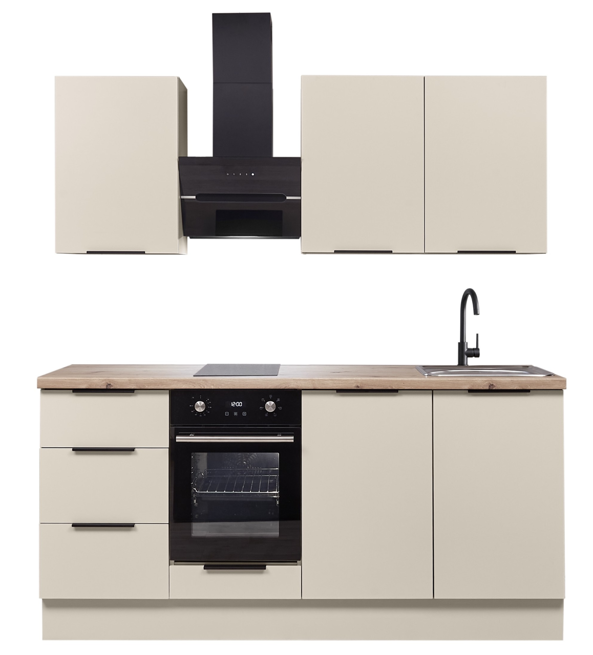 Yourkitchen Single-Küche 180 MULTAN Moderne Küchenzeile in Beige mit Holzarbeitsplatte, schwarzem Einbauherd und Dunstabzugshaube sowie Spüle und schwarzer Armatur, frontal von vorn dargestellt